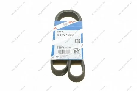 Ремень поликлиновой 6PK1030 PEUGEOT 206 1,9D; GAZ 31105, 3409 BOSCH 1987946051