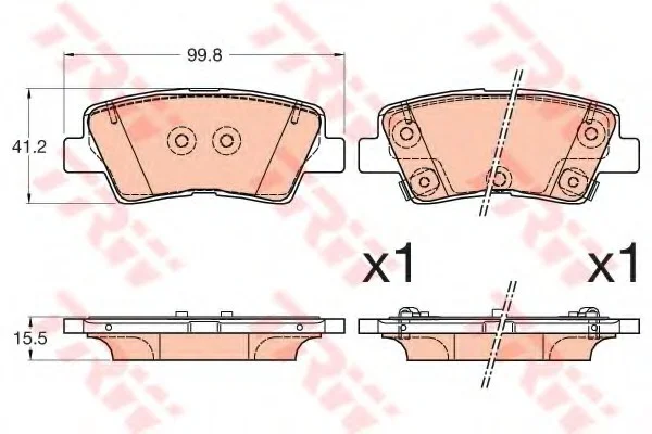 Комплект гальмівних колодок задній., HYUNDAI ACCENT IV, ELANTRA VI, GETZ, I10 II, I10 III, I20 ACTIVE, I20 II, I30, I40 I, I40 I CW, IONIQ, SOLARIS, TUCSON KIA CARENS IV, CEED 1.0-Electric 08.05- TRW GDB3594 (фото 1)