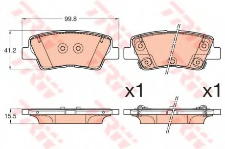 Комплект гальмівних колодок задній., HYUNDAI ACCENT IV, ELANTRA VI, GETZ, I10 II, I10 III, I20 ACTIVE, I20 II, I30, I40 I, I40 I CW, IONIQ, SOLARIS, TUCSON KIA CARENS IV, CEED 1.0-Electric 08.05- TRW GDB3594
