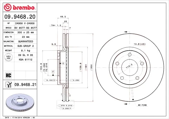 Тормозной диск вентилируемый BREMBO 09.9468.20 (фото 1)