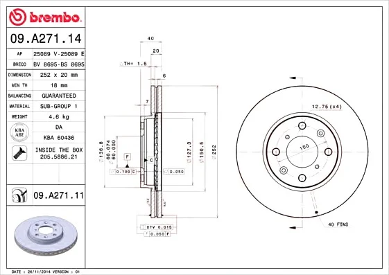 Тормозной диск вентилируемый BREMBO 09.A271.14 (фото 1)