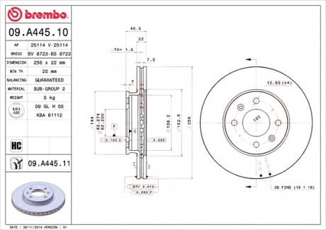 Тормозной диск вентилируемый BREMBO 09.A445.10 (фото 1)