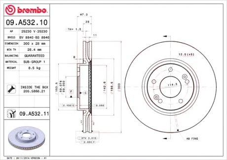 Тормозной диск вентилируемый BREMBO 09.A532.10