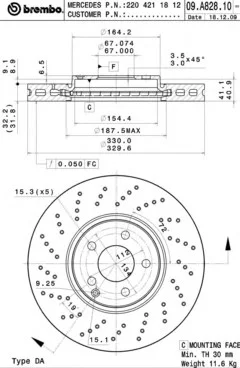 Тормозной диск вентилируемый BREMBO 09.A828.11 (фото 1)