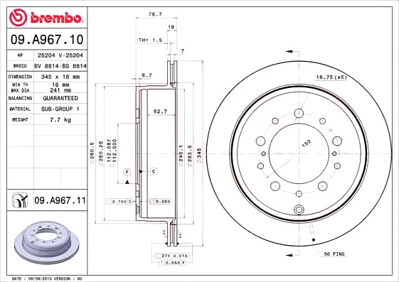 Тормозной диск вентилируемый BREMBO 09.A967.11 (фото 1)