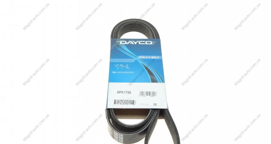 Поліклиновий ремінь VOLVO S40 I, S90 I, V40, V90 I ALFA ROMEO 156, 159, BRERA, SPIDER CITROEN BERLINGO, C5 I, EVASION, JUMPY I, XSARA DODGE CALIBER FIAT MAREA, ULYSSE 1.0-2.9 06.89- DAYCO 6PK1750 (фото 1)