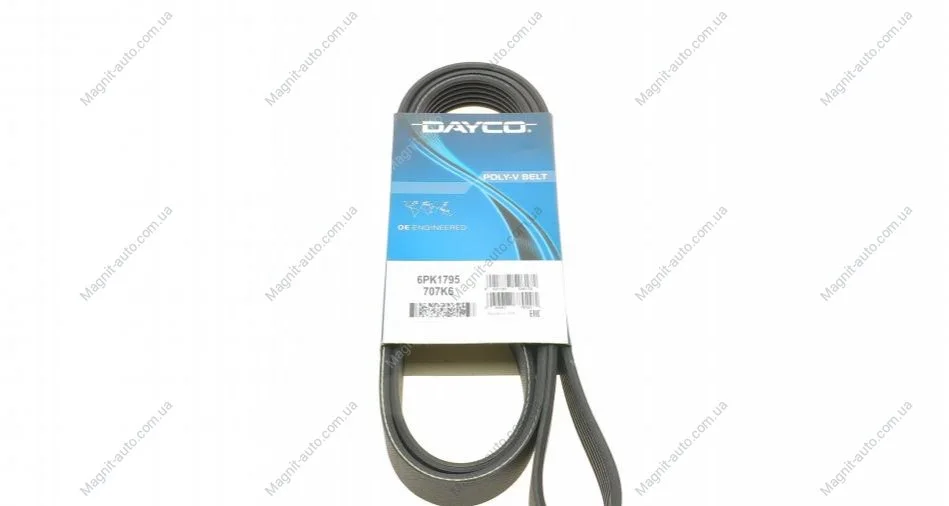 Поликлиновый ремень VOLVO S40 I, S80 I, V40, V70 II ALFA ROMEO 145, 146 BMW 1 (E81), 1 (E82), 1 (E87), 1 (E88) CHEVROLET AVEO FIAT BARCHETTA, BRAVA, BRAVO I, PUNTO 1.2-2.5D 04.95- DAYCO 6PK1795 (фото 1)