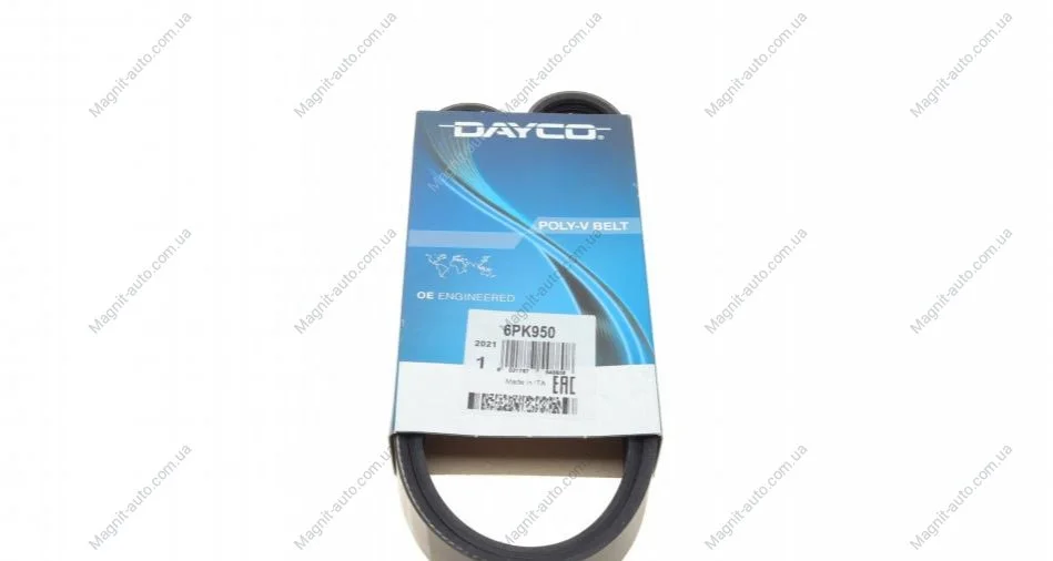Поліклиновий ремінь AUDI A3 CITROEN C4 AIRCROSS, JUMPER I, JUMPER II PEUGEOT 4008, BOXER SEAT ALTEA, ALTEA XL, LEON, TOLEDO III SKODA OCTAVIA II, SUPERB II 1.6D-2.8D 09.00- DAYCO 6PK950 (фото 1)