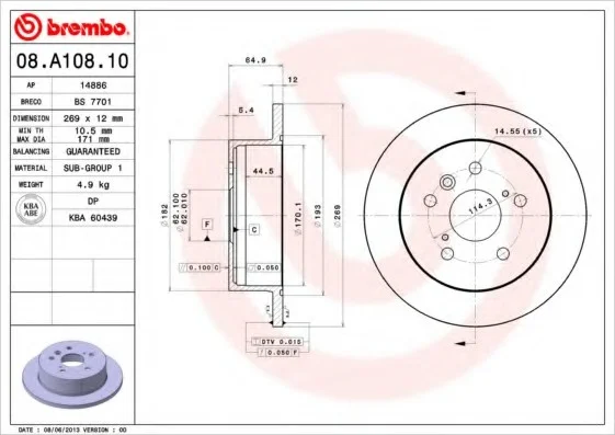 Тормозной диск задний. Lexus ES/Toyota Camry 01- (269*12) BREMBO 08.A108.10 (фото 1)