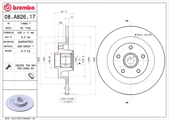 Тормозной диск BREMBO 08.A826.17 (фото 1)