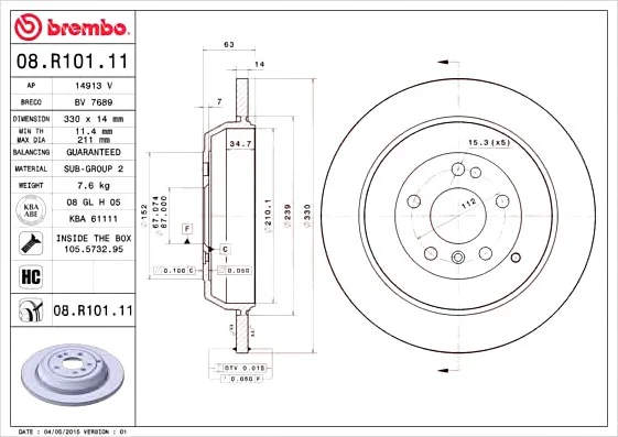 Диск гальмівний BREMBO 08.R101.11 (фото 1)