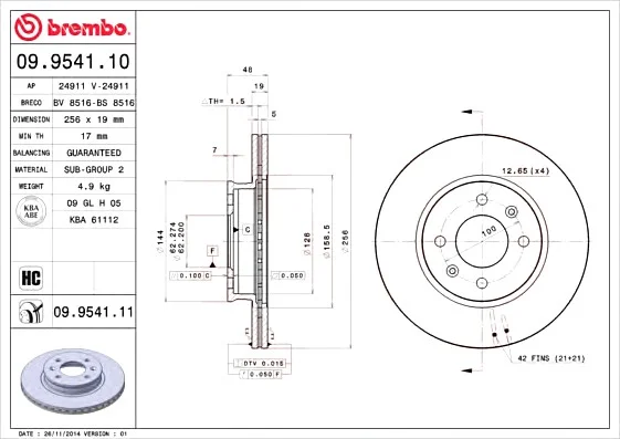 Диск тормозной BREMBO 09.9541.10 (фото 1)