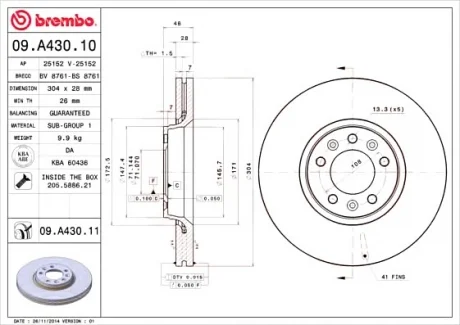 Диск гальм. передній, 07- (304x48mm*5отв.) BREMBO 09.A430.10