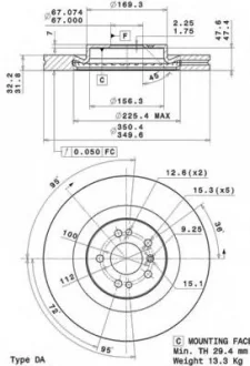 Диск гальмівний, передній, R18 X164/W164/251 BREMBO 09.R103.11