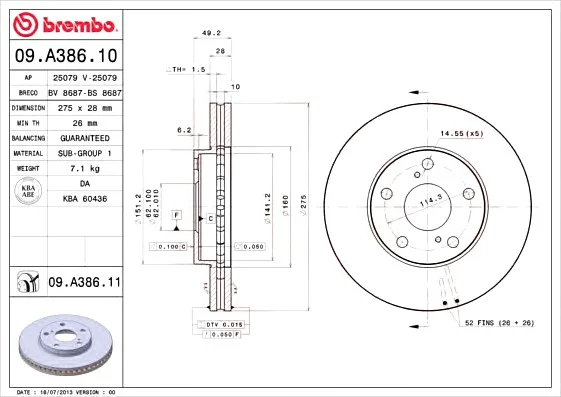 Тормозной диск BREMBO 09.A386.11 (фото 1)