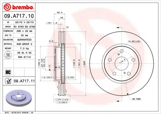 Гальмівний диск пер. Lexus IS II/III 2.2d/2.5i 09-20 (296х28) BREMBO 09.A717.11 (фото 1)