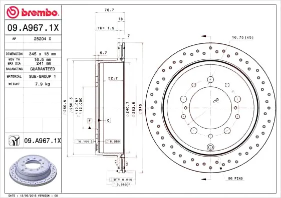 Тормозной диск BREMBO 09.A967.1X (фото 1)