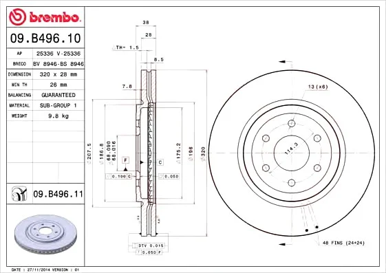 Диск тормозной BREMBO 09.B496.10 (фото 1)
