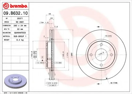 Диск гальмівний BREMBO 09.B632.10 (фото 1)