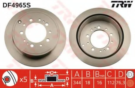Диск тормозной, задний, LEXUS LX; TOYOTA Land Cruiser 200 07- TRW DF4965S