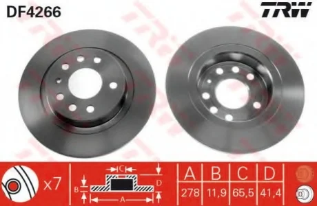 Диск гальмівний, FIAT/OPEL/SAAB/VAUXHALL/CHEVROLET, 1.6-3.2, Y 22 DTR, 02- TRW DF4266