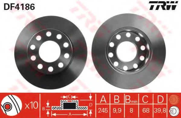 Диск тормозной (1 шт.).) AUDI A4/A4 Cabrio/A4 Cabrio Quattro/A4 Quattro TRW DF4186 (фото 1)