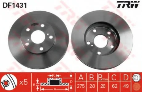 Диск тормозной, TOYOTA Avensis/Camry/Previa, 2.0-3.0, 3VZ-FE, 92-09 / LEXUS, 91-97 TRW DF1431