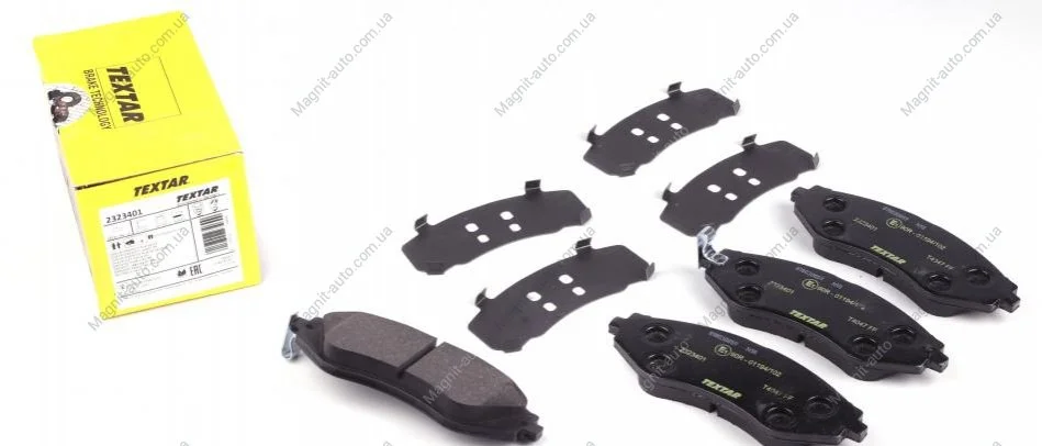Комплект тормозных колодок переднего., CHEVROLET AVEO / KALOS, LACETTI, NUBIRA, OPTRA, REZZO, SPARK DAEWOO ARANOS, ESPERO, EVANDA, LACETTI, LANOS, LEGANZA, NUBIRA 1.2-Electric 01.95- TEXTAR 2323401 (фото 1)
