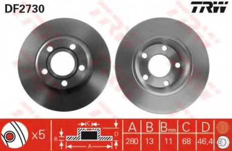 Диск тормозной передний лев/прав AUDI A4 B5 1.6/1.8/1.9D 11.94-09.01 TRW DF2730