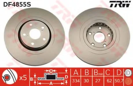 Диск тормозной, L, LEXUS (L1/S19/E3/C1), 3UZ-FE, 06- TRW DF4855S