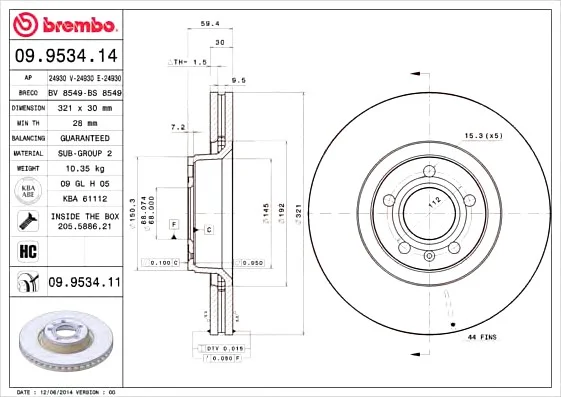 Тормозной диск Brembo BREMBO 09.9534.14 (фото 1)