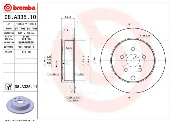 Тормозной диск зад. Avensis 03- (280*10) BREMBO 08.A335.10 (фото 1)