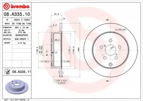 Тормозной диск зад. Avensis 03- (280*10) BREMBO 08.A335.10