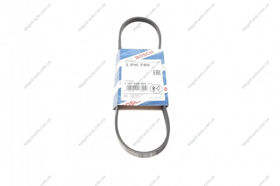 Ремінь П-клиновий 3PK750 RENAULT/SUZUKI Clio/Kangoo/Sandero/Thalia/Alto \'\'08-1.2 \'\'00>> BOSCH 1987948363 (фото 1)