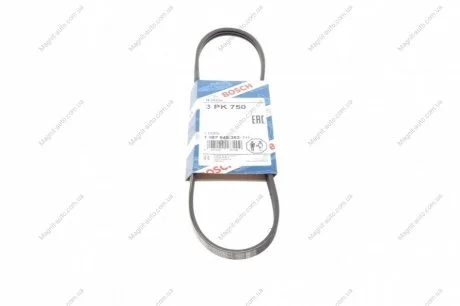 Ремінь П-клиновий 3PK750 RENAULT/SUZUKI Clio/Kangoo/Sandero/Thalia/Alto \'\'08-1.2 \'\'00>> BOSCH 1987948363