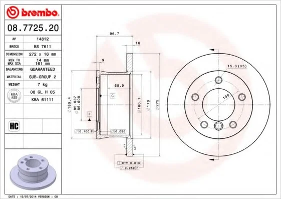 Диск гальмівний, задній, DB312-316 BREMBO 08.7725.20 (фото 1)