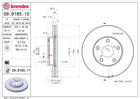 Диск тормозной BREMBO 09.9185.10