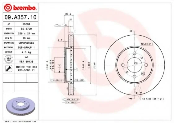 Диск тормозной BREMBO 09.A357.10 (фото 1)