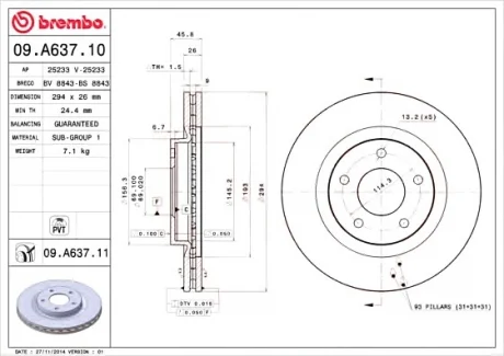 Тормозной диск пер. 4008/ASX/C4/Caliber/Compass (06-21) BREMBO 09.A637.10