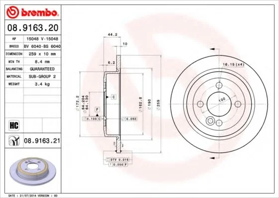 Диск гальмівний задн. (вир-во) BREMBO 08.9163.21 (фото 1)