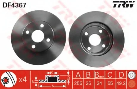 Диск гальмівний передн лів/прав BYD F3, F3R TOYOTA COROLLA, COROLLA VERSO 1.4-1.8 08.01- TRW DF4367