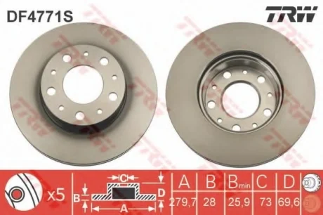 Диск гальмівний CITROEN/FIAT/PEUGEOT Jumper/Ducato/Boxer "F D=279mm "06>> TRW DF4771S