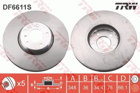 Диск гальмівний BMW 5(F07,F10)/ 7(F01,F02) "FL "D=348mm "08>> TRW DF6611S