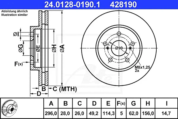 Диск гальмівний, LEXUS Es; TOYOTA Avalon, Camry, Estima, Harrier; 2.0-3.5, 01-12 ATE 24.0128-0190.1 (фото 1)