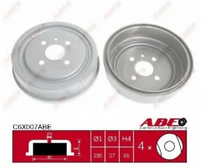 Тормозной барабан задний CHEVROLET CORSA OPEL ASTRA F, ASTRA F CLASSIC, ASTRA G, ASTRA G CLASSIC, ASTRA H, COMBO, COMBO TOUR, CORSA C, MERIVA A, VECTRA B, ZAFIRA A SEAT IBIZA IV SC 1.2-2.2 09.91- ABE C6X007ABE