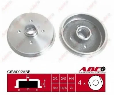 Гальмівний барабан задн AUDI 50, 80 B1, 80 B2, COUPE B2, COUPE B3 SEAT AROSA, CORDOBA, CORDOBA VARIO, IBIZA II, TOLEDO I VW DERBY, GOLF I, GOLF II, JETTA I, JETTA II, LUPO I 0.8-2.2 05.72-07.05 ABE C6W002ABE