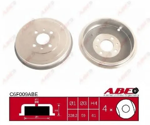 Гальмівний барабан задн ALFA ROMEO 145, 146 FIAT DOBLO, ELBA, FIORINO, GRANDE PUNTO, IDEA, LINEA, MAREA, MULTIPLA, PALIO, QUBO, SIENA, STRADA, TEMPRA, TIPO, UNO LANCIA MUSA 1.1-2.0 07.87- ABE C6F009ABE (фото 1)
