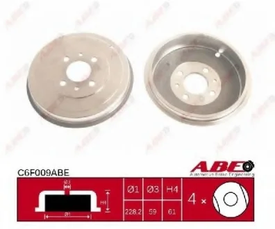 Гальмівний барабан задн ALFA ROMEO 145, 146 FIAT DOBLO, ELBA, FIORINO, GRANDE PUNTO, IDEA, LINEA, MAREA, MULTIPLA, PALIO, QUBO, SIENA, STRADA, TEMPRA, TIPO, UNO LANCIA MUSA 1.1-2.0 07.87- ABE C6F009ABE