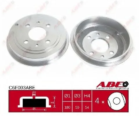 Тормозной барабан задний FIAT 500, 500 C, BRAVA, BRAVO I, GRANDE PUNTO, PANDA, PUNTO, TEMPRA, TIPO, UNO LANCIA DEDRA, DELTA II, Y, Y10 0.9-1.9D 07.87- ABE C6F003ABE (фото 1)