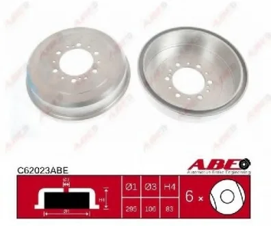 Гальмівний барабан задн TOYOTA 4 RUNNER I, 4 RUNNER II, 4 RUNNER III, DYNA, HIACE III, HIACE IV, HILUX IV, HILUX V, HILUX VI, TOYOACE VW TARO 1.8-3.4 12.82- ABE C62023ABE